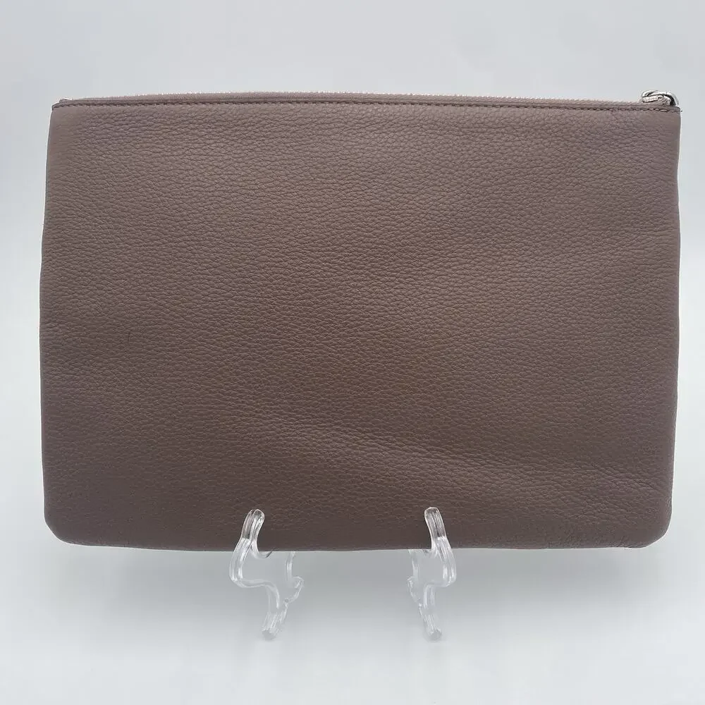 Kate Spade Large Zip Pouch Jackson Leather Clutch Brownstone Silver Logo $99MSRP